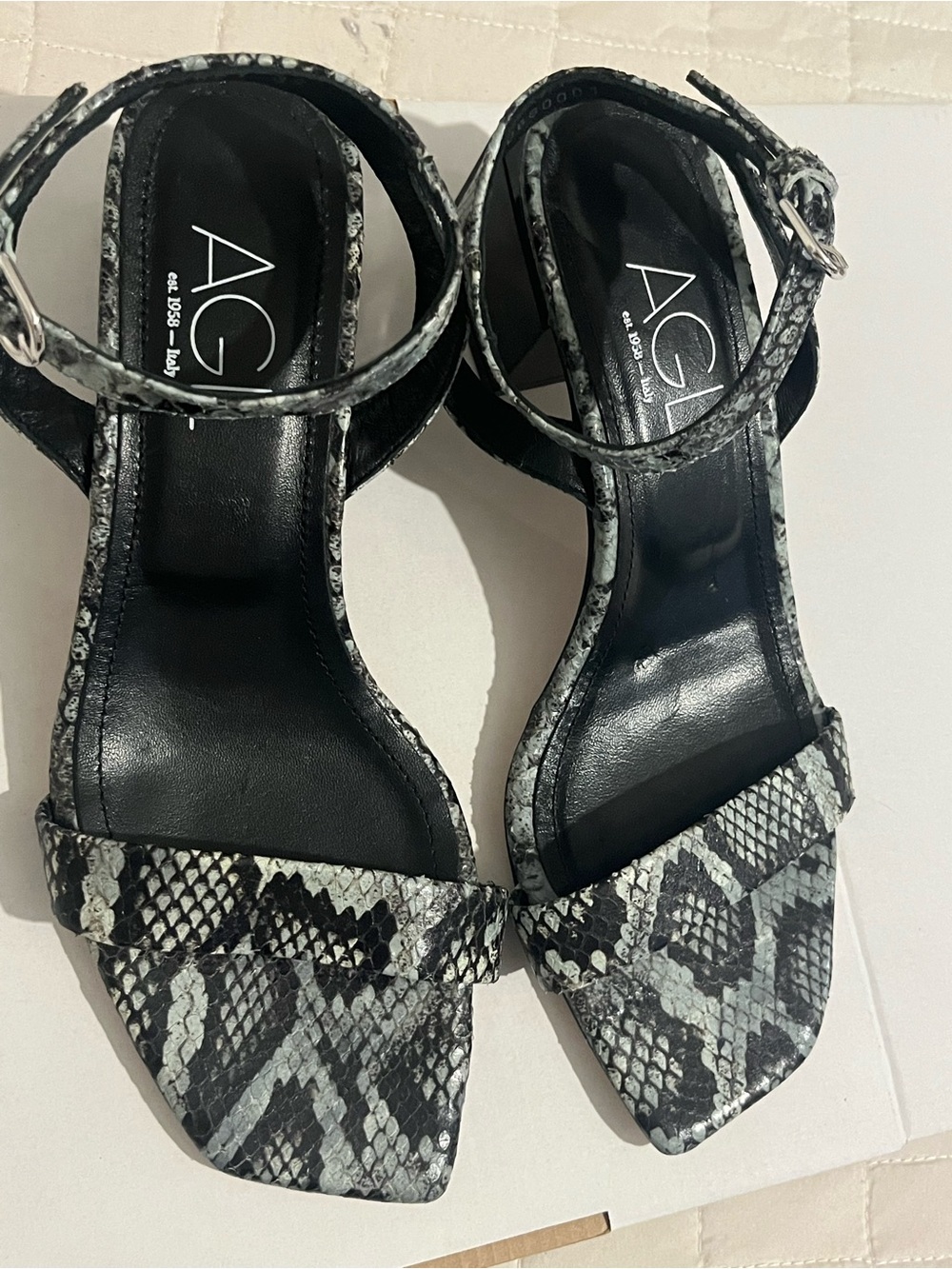 AGL Black & Gray Snake-Print Leather Ankle-Strap Heels
